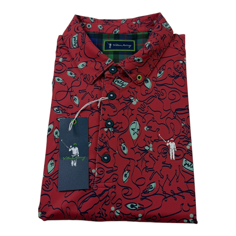 William Murray Golf Mens Medium Red Christmas Squirrel Holiday Polo Shirt NWT